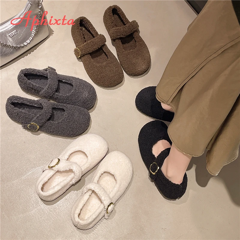 Aphixta Flat with Furry Shoes for Woman Soft Short Plush Buckle Women's Loafers Korean Style Ladies Shoe Luxury Brand Shoes