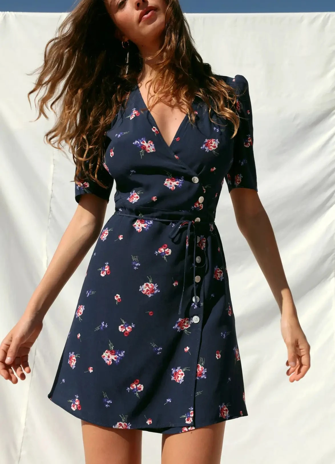 

Fashion Women's Skirt 2023 Temperament Petticoat Retro Lace Up V-neck Short Sleeve Dress Dark blue Tea Break Skirt Women's Dress