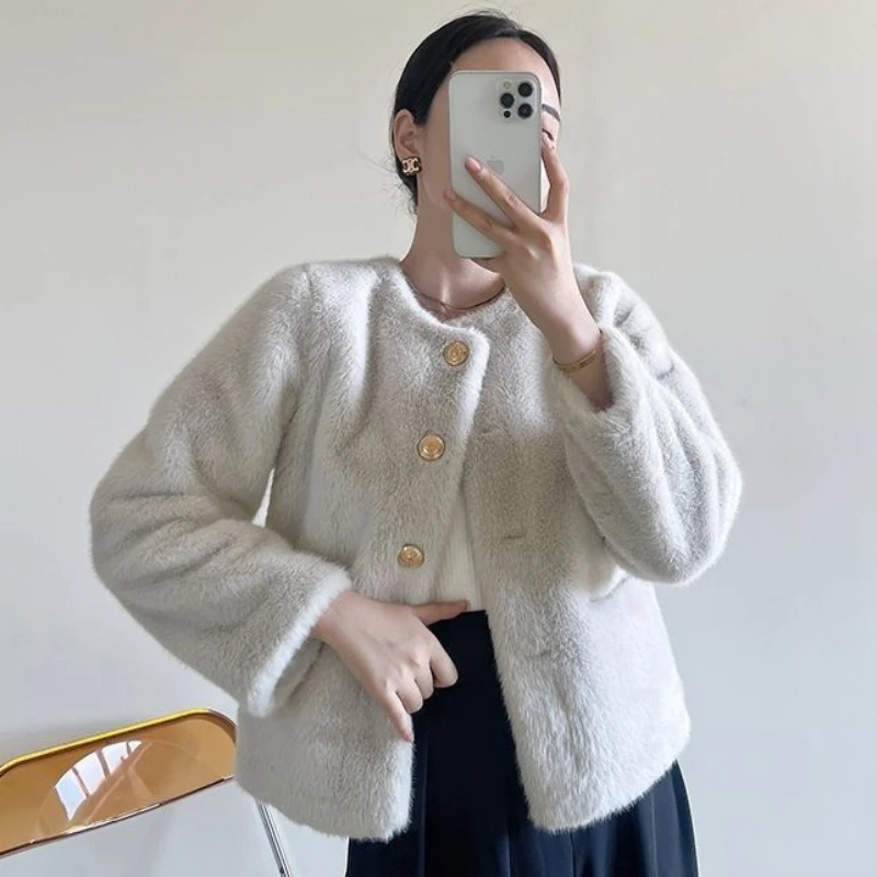 Женское зимнее короткое пальто из искусственного меха норки, Простой повседневный однотонный топ из искусственного меха с круглым вырезом