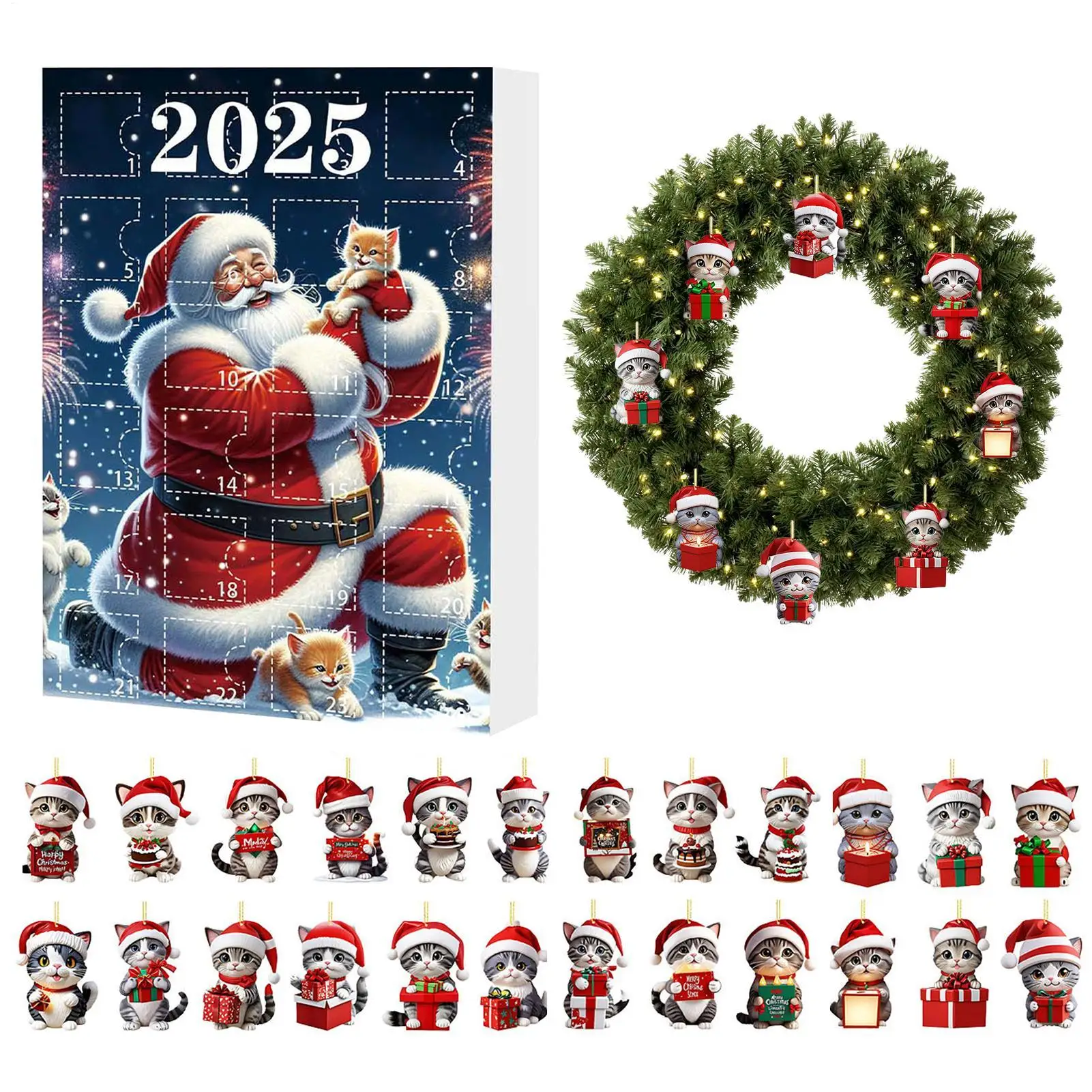 24 Day Cartoon Cat Ornaments Christmas Countdown Cute 2D Acrylic Kitten Decor Christmas Ornaments for Xmas Tree Party Decoration