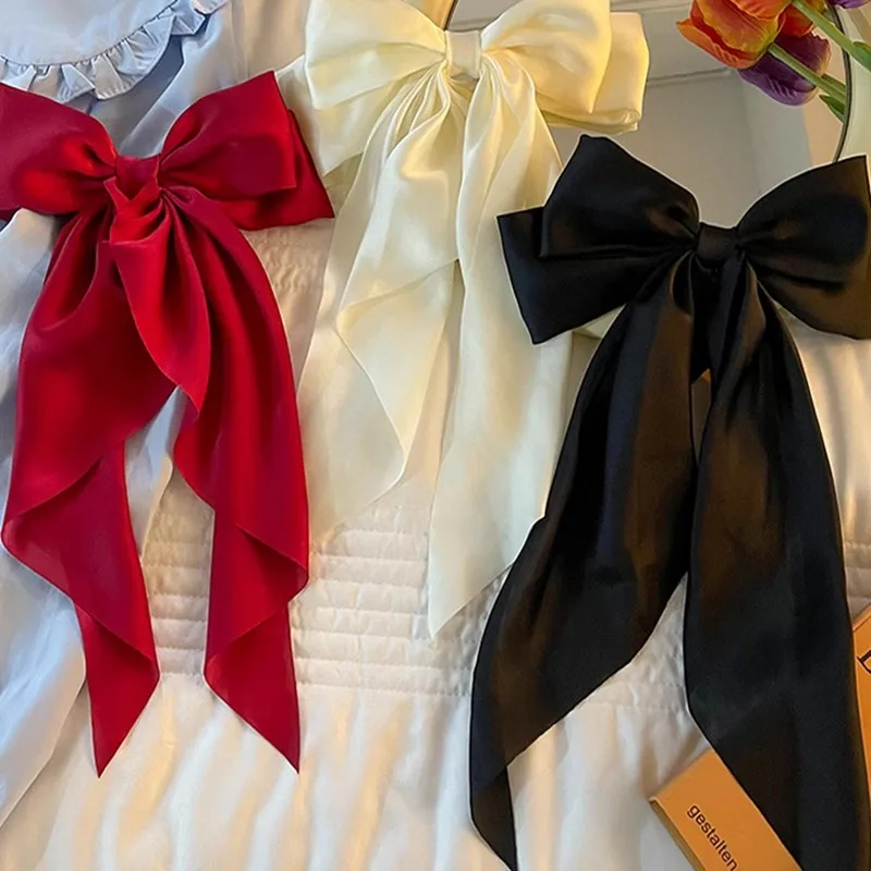 Women Large Bow Ribbon Hairpin Summer Chiffon Big Bowknot Stain Bow Barrettes Women Solid Color Ponytail Clip Hair Accessories