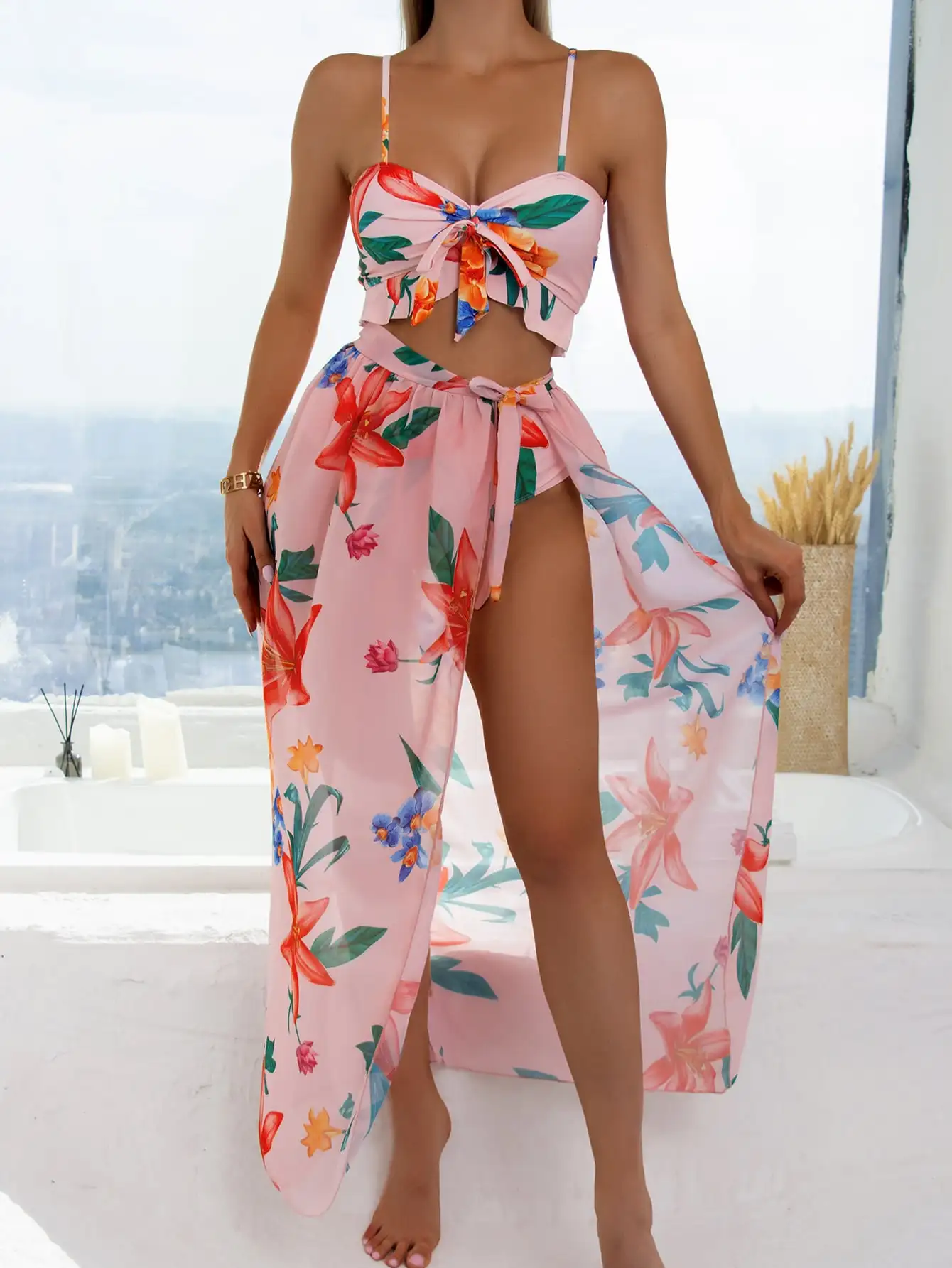 3 Pieces Floral Print Knot Front Bikinis 2023 Women Ruffle Swimwear Female High Waist Swimsuit With Beach Skirt Bathing Suit 