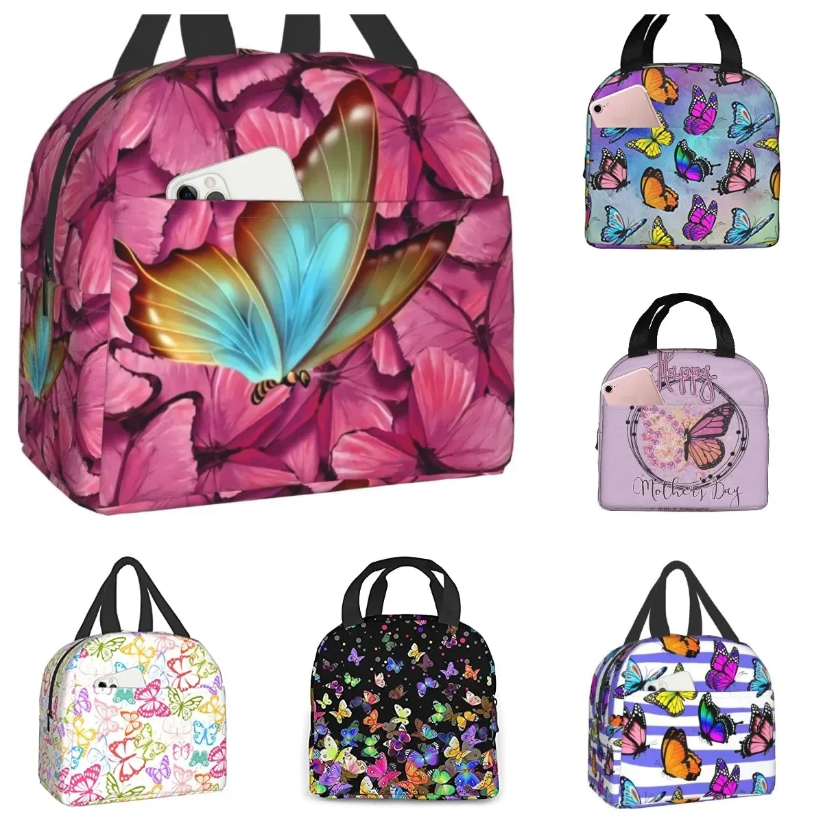 Pink Colorful Butterfly Insulated Lunch Bag Portable Lunch Bags for Girls Women Reusable Leakproof Lunch Box Picnic Travel Work hand roll vacuum bags for clothes storage organizer reusable travel space saver bags roll up compression bag no need for pump