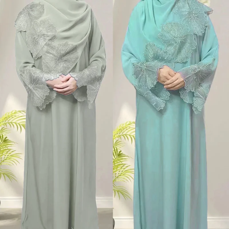 2023 Islam Ramadan Abaya Solid Color Prayer Dress Robe Femme Musulmane Malaysia Indonesian Ladies Dress with Headscarf