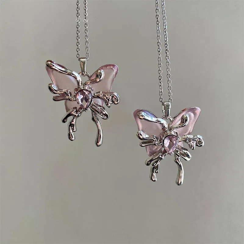 Y2K Pink Butterfly Necklace close-up