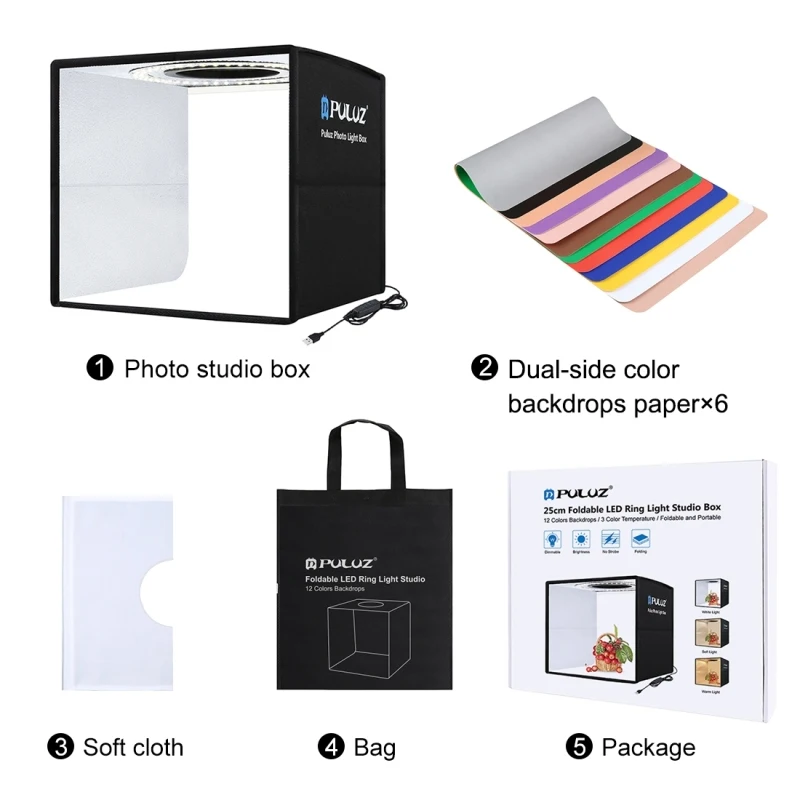 PULUZ Photo Studio Light Box with 12 Colors Background Mini Tabletop Lightbox Photography Soft Box Shooting Tent Ring Light