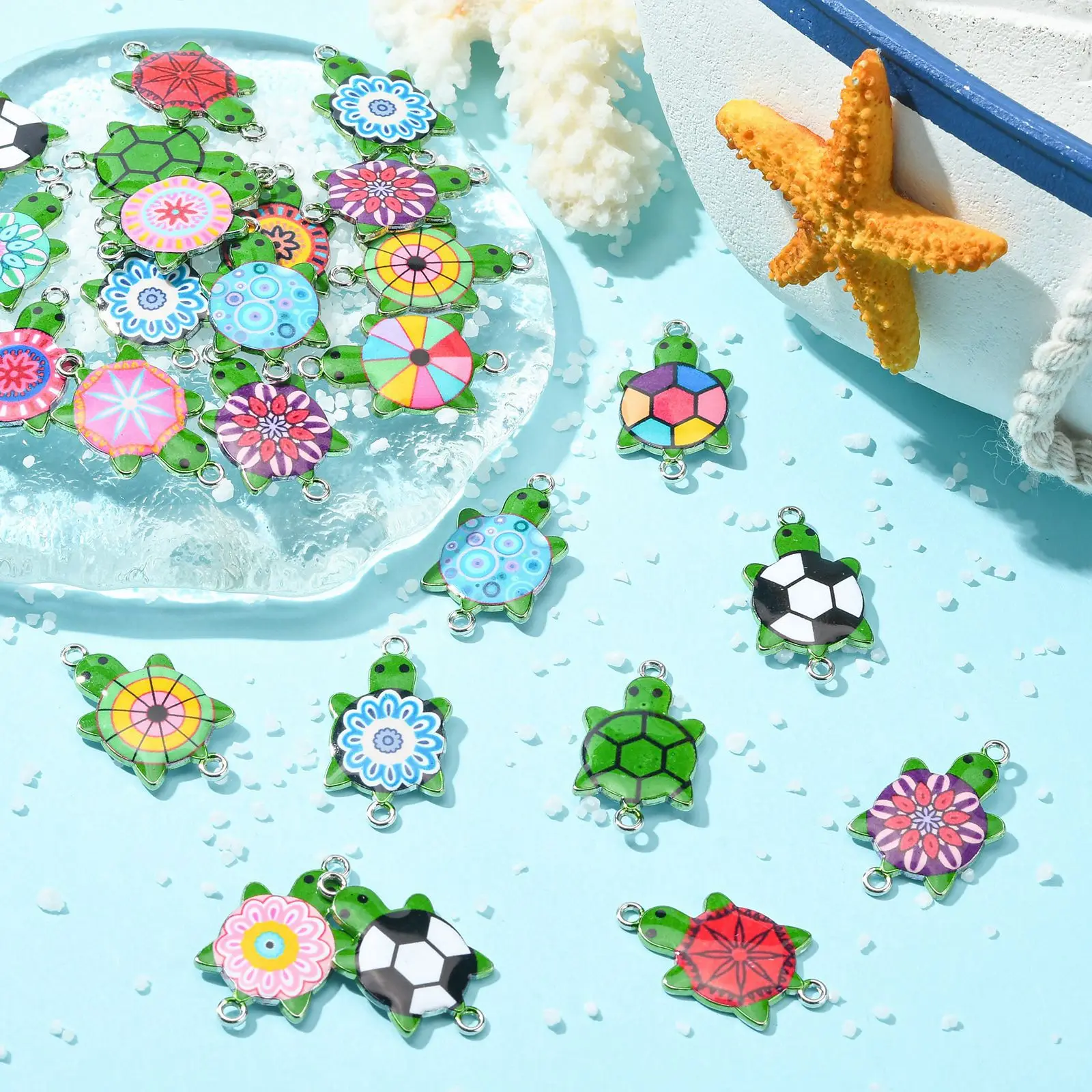 Pandahall 60Pcs Random Color Enamel Sea Turtle Link Double Hole Charms Ocean Animal Tortoise Charms for Craft Jewelry Making DIY