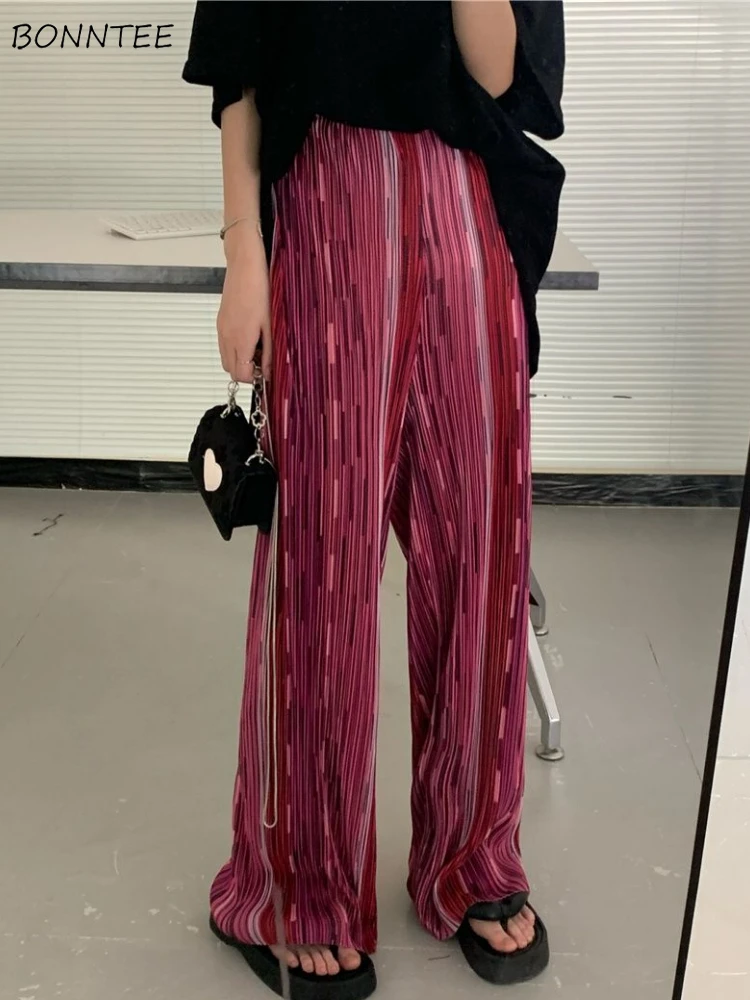 

Vintage Striped Pants for Women High Waist Vacation Cozy Folds Spring Casual Female Mopping Trousers Minimalist Wide Leg Chic