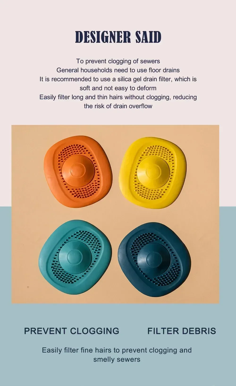 Description Picture 2 of itemSink Silicone Drain Strainer Shower Bathtub Floor Water Stopper Rubber Kitchen Bathroom Deodorant Plug Hair Pickups Home
