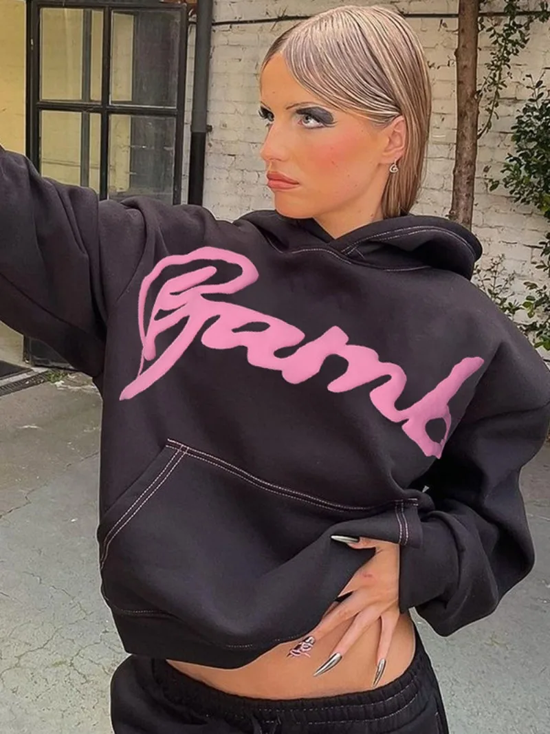 

Fashion Letter Print Pocket Black Hoodies Sweatshirts for Women 2023 Autumn Casual Long Sleeve girl's Pullovers Y2K Streetwear