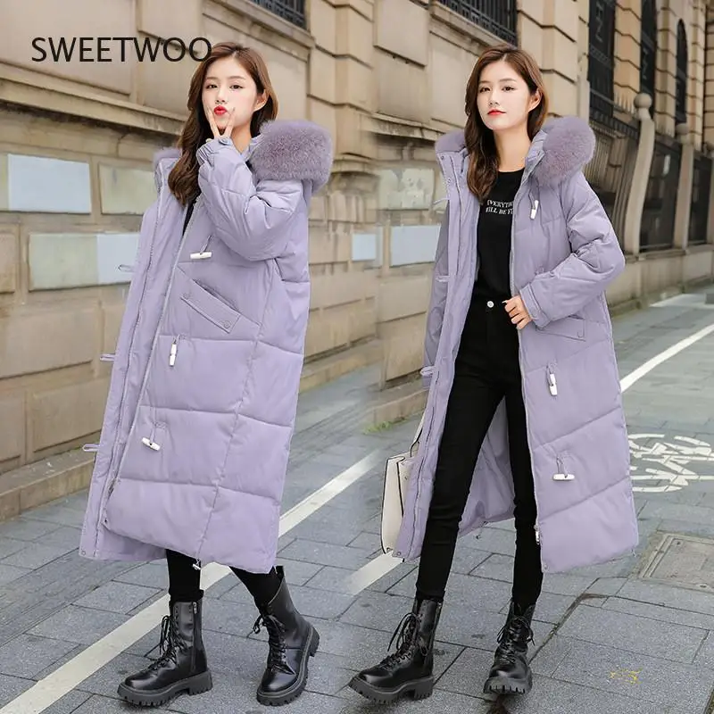 2021 New Winter Jacket Thick Warm Parkas Long Coat Women Jackets Fur Collar Hooded Female Cotton Padded Snow Wear Parka Outwear