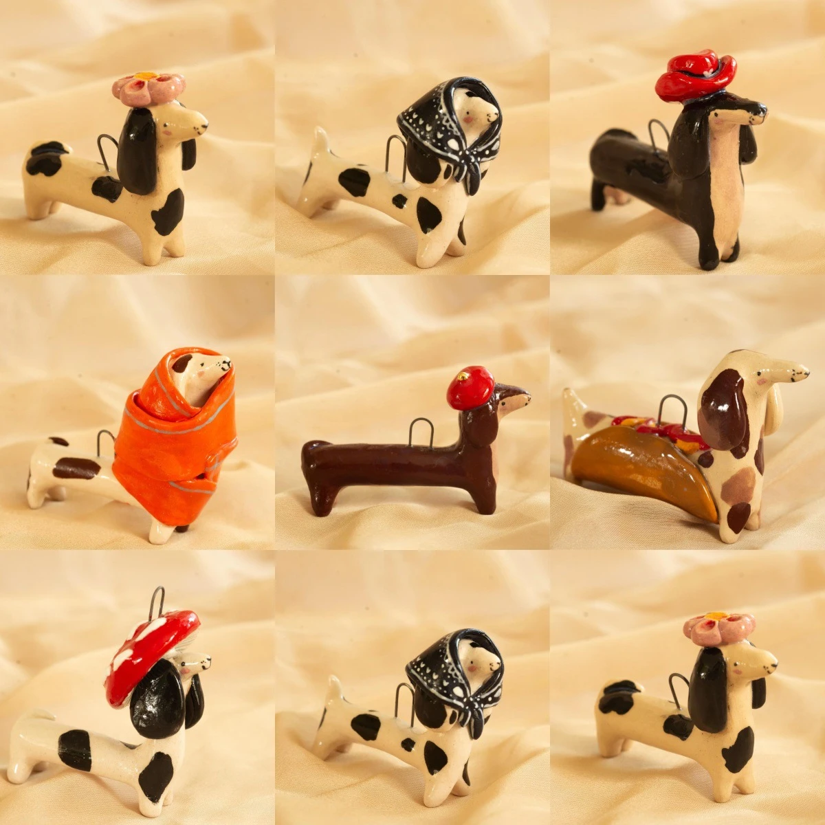 Gold plated enamel dachshund dog charms in various outfits for DIY jewelry making accessories