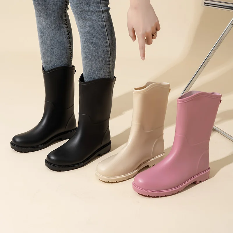 New 2023 Women Fashion Mid-calf Rain Boots Waterproof PVC Outdoor Rainboots Non-slip Solid Color Water Shoes Wellies