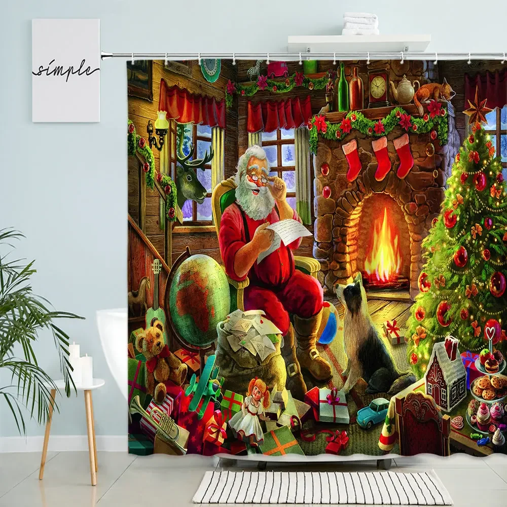 

Мультяшная занавеска для душа с Санта-Клаусом, Рождественская занавеска для ванной, рождественская елка, праздничные подарки, забавное животное, окно, водонепроницаемый экран