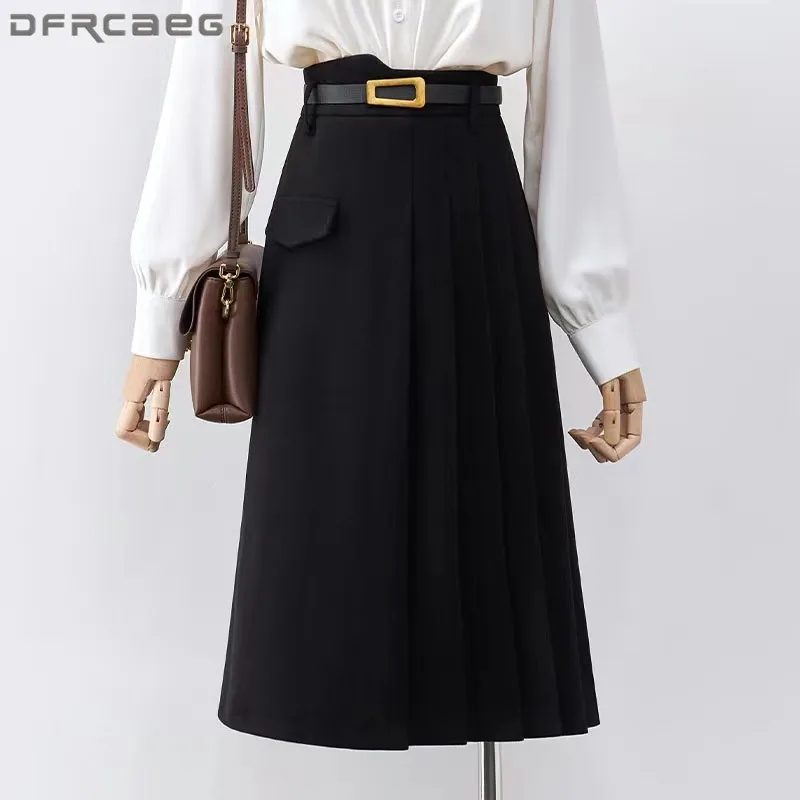 

Elegant Fashion Mid-Long Women Woollen A-Line Skirt With Belt 2023 Winter High Waist Thicken Wool Saias Longas Coffee