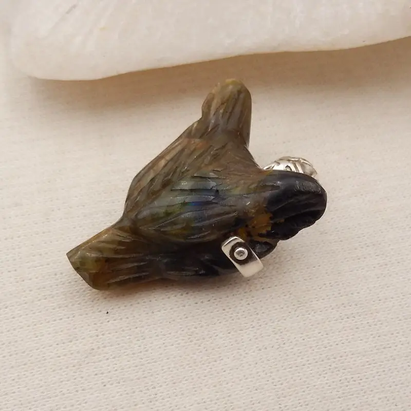 925 Silver Jewelry Natural Stone Labradorite Handcarved Wolf Head Pendant Bead 28x20x11mm 7g