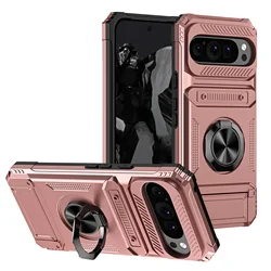 Magnetic Car Mount Wallet Armor Case with Ring Holder and Stand for Pixel 9 or 9 Pro (Rose gold)
