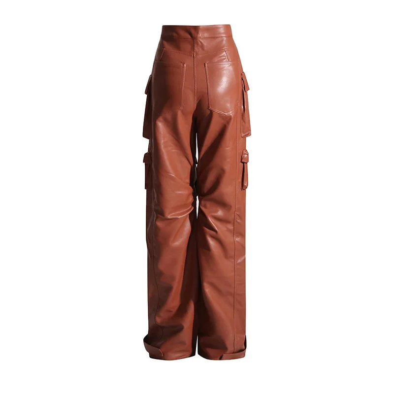 Women's Multi Pocket PU Leather Cargo Pants Loose Fit Mid Waist Trousers Streetwear Casual Capris Autumn Fashion Y2k 2023