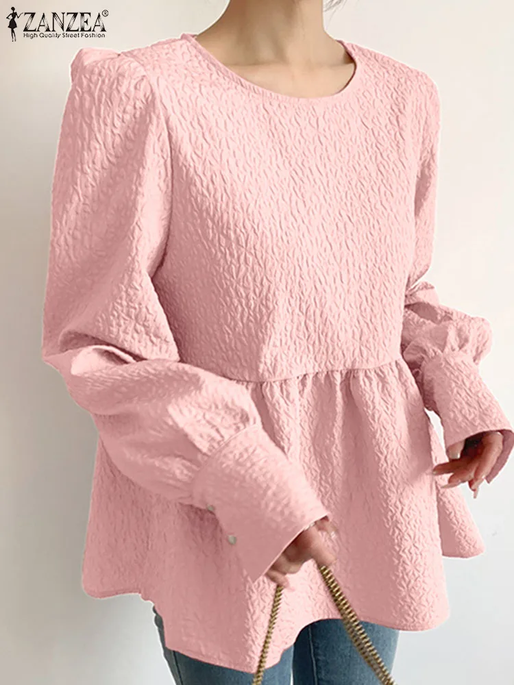 

Осенние блузки ZANZEA 2023 с круглым вырезом, праздничные повседневные Однотонные блузки с текстурированной завязкой на спине