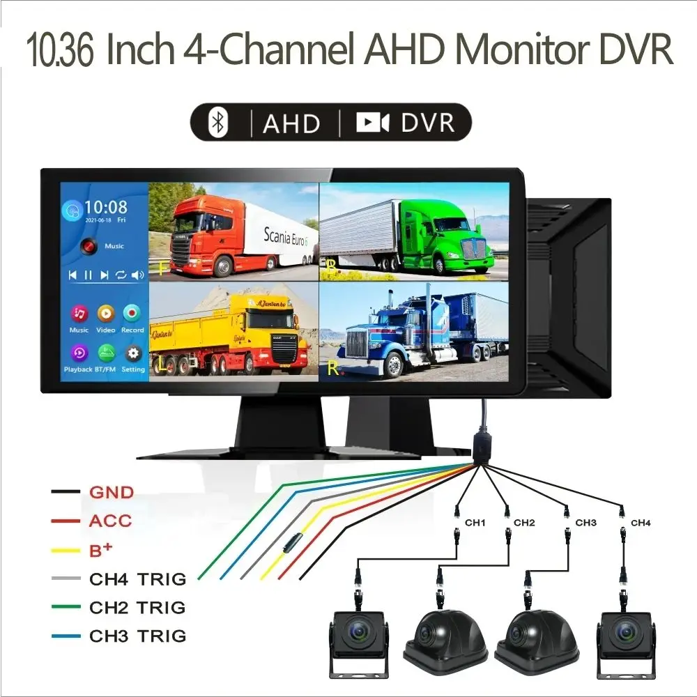 

Видеорегистратор для грузовика, 10,36 дюйма, 4 канала, 1080p