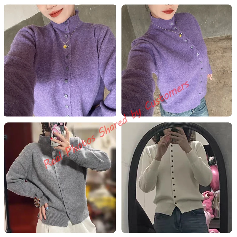 Women Stand Collar Button Down Knit