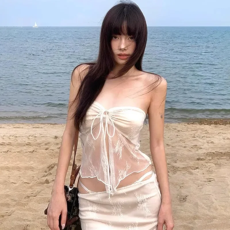 Thai Lace Bikini Set Sexy Slimming Long Dress Island Vacation Thermal Spring Swimwear Separate Strapless Top High Waist Bottom