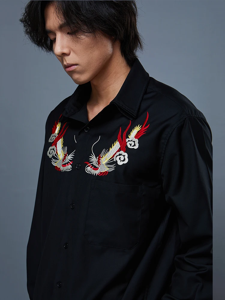 FANTASTION original Three layer collar design unsiex shirts Double dragon embroidery shirt loose style extra large size for man