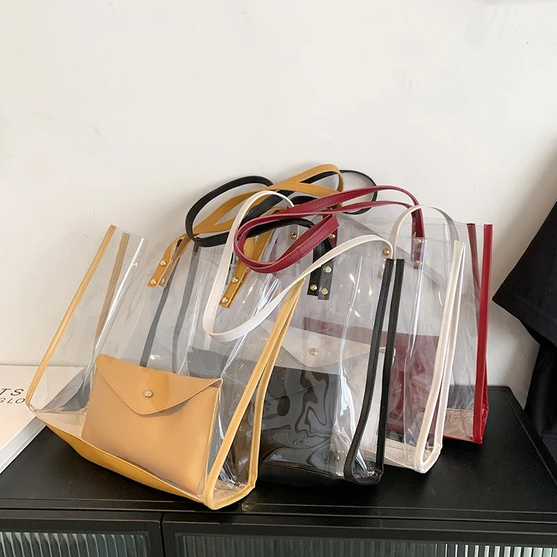 Fashion Transparent Combination Bag For Women Large Capacity Shoulder Bags Casual Girls Jelly Bag Shopper Bag Summer Beach Bag