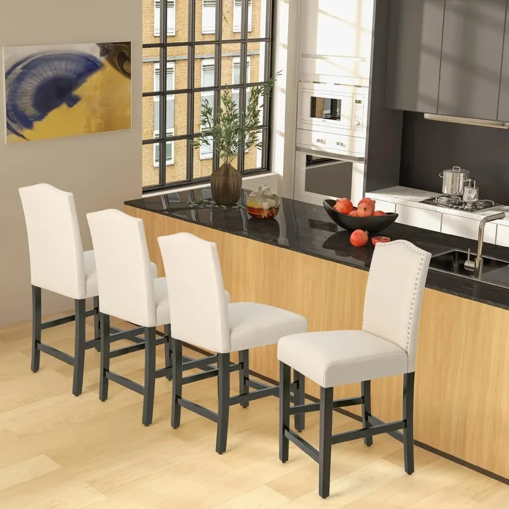 Bar Stools, Linen Upholstered Counter Height Chairs with Solid Rubber Wood Legs, 25&rdquo; Kitchen Island Wood Bar Chairs