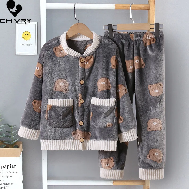 

New 2023 Autumn Winter Kids Thicken Warm Flannel Pajamas Baby Boys Girls Cartoon Bear Long Sleeve Clothes Sets Sleepwear Pyjamas