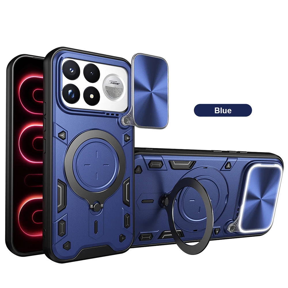 Slide Camera Shield Phone Case with Magnetic Ring Stand - Full Protection Shockproof Cover
