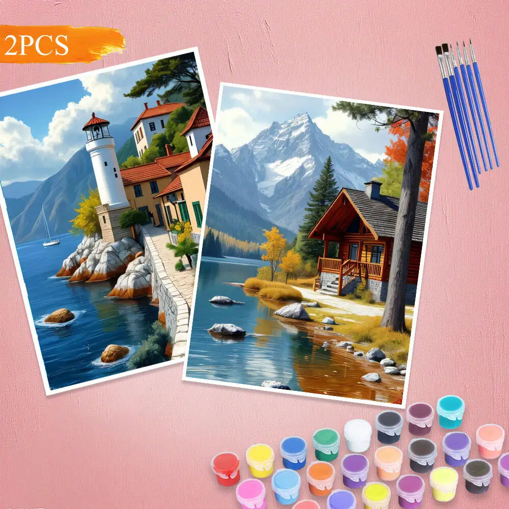 HUACAN 2PCS Painting By Numbers Lighthouse Landscape Home Decr Diy Oil Paint On Canvas Sea Handpainted Kits DIY Gift