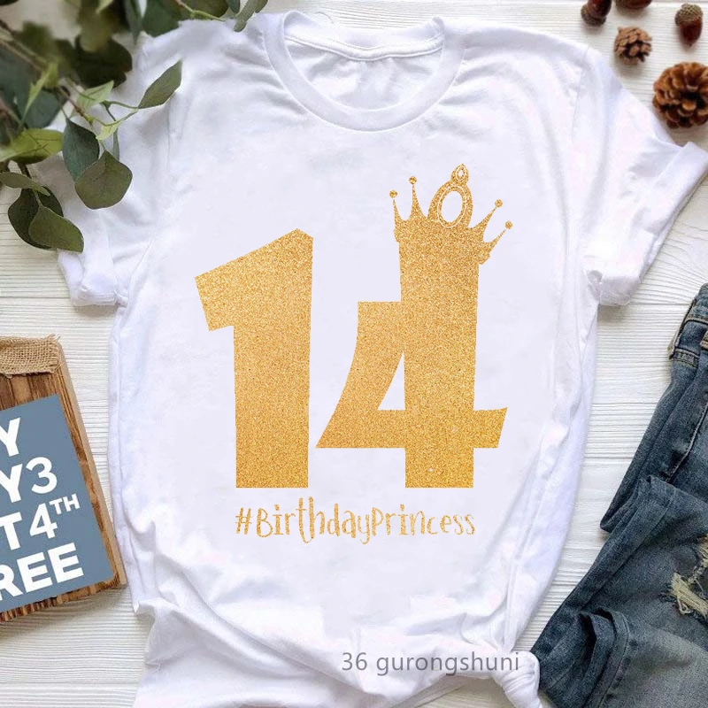 Birthday Girl 14th Graphic Print Tshirt Girls Harajuku Kawaii Clothes Golden Crown Love T-Shirt Femme Summer Tops Tee Shirt funny t shirts women french bulldog hug pig print tshirt femme summer tops harajuku kawaii clothes female t shirt streetwear