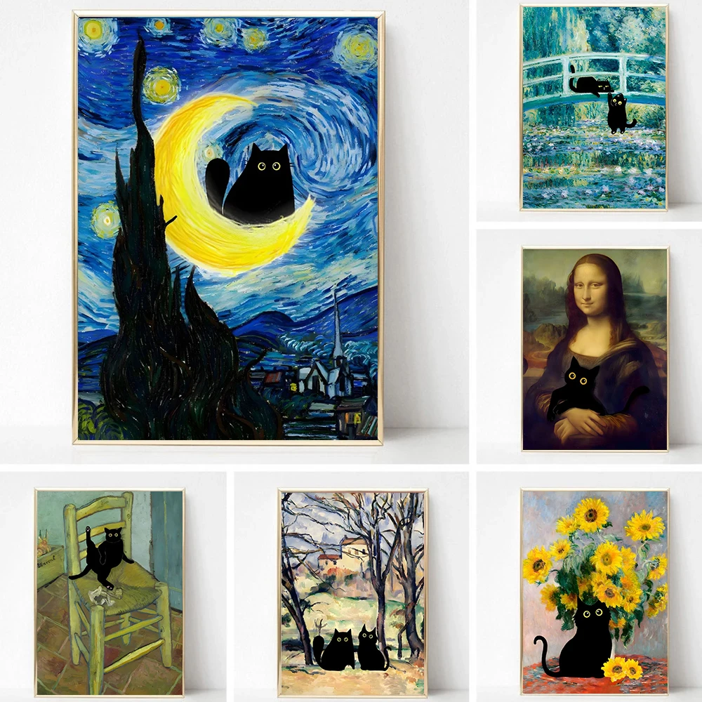 

Famous Paintings Mona Lisa Starry Night Sunflower With Funny Black Cat Poster Canvas Painting Wall Art Home Decor No Frame