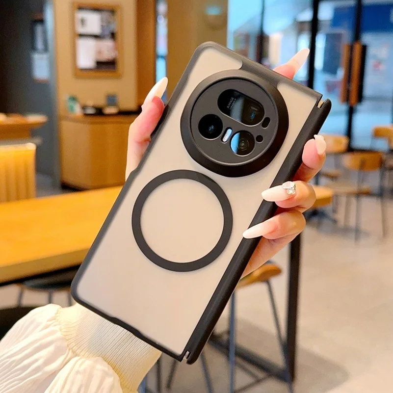 Frosted Matte Semi-Transparent Magnetic Phone Case with Center Axis Hinge and Camera Protection