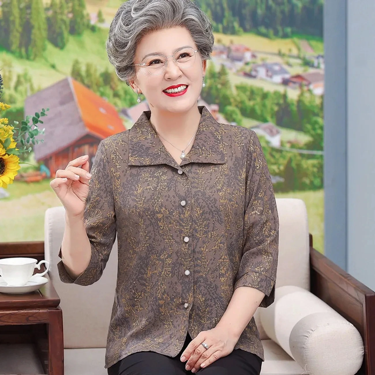 Elderly Grandma Print Shirt 3/4 Sleeve Spring Summer 60 To 80