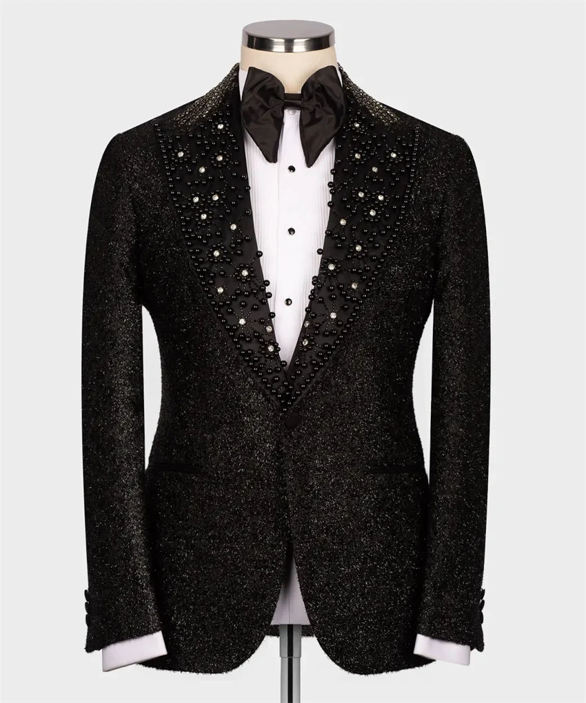 Glitter Wedding Suit Groom Tuxedo with Crystal 2pcs Blazer Pants Men's Suits Set for Special Occasion Wear