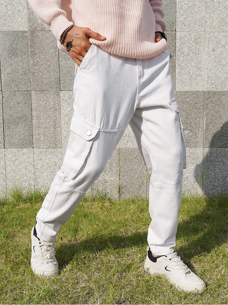 Men's casual jeans, simple white denim work pants, high - quality slim - fit jeans 3