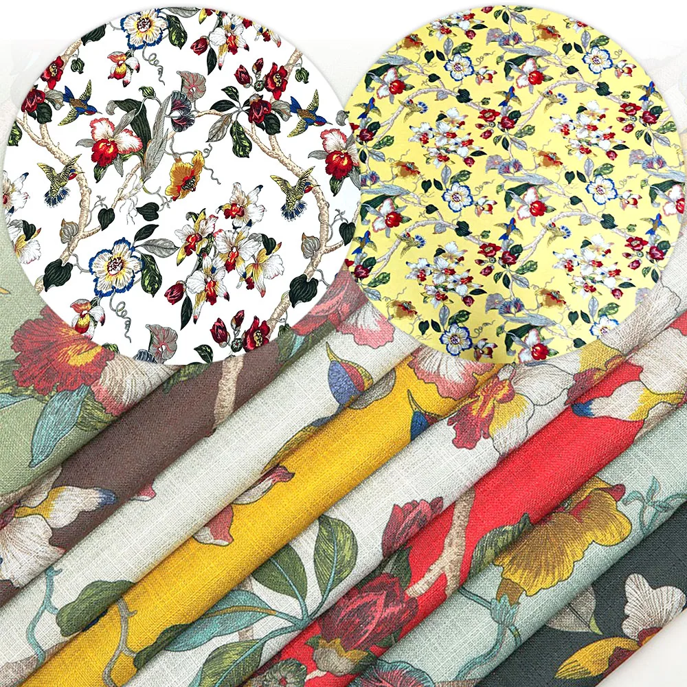 Elegant Floral and Bird Patterned Linen-Cotton Fabric for DIY Projects and Home Decor