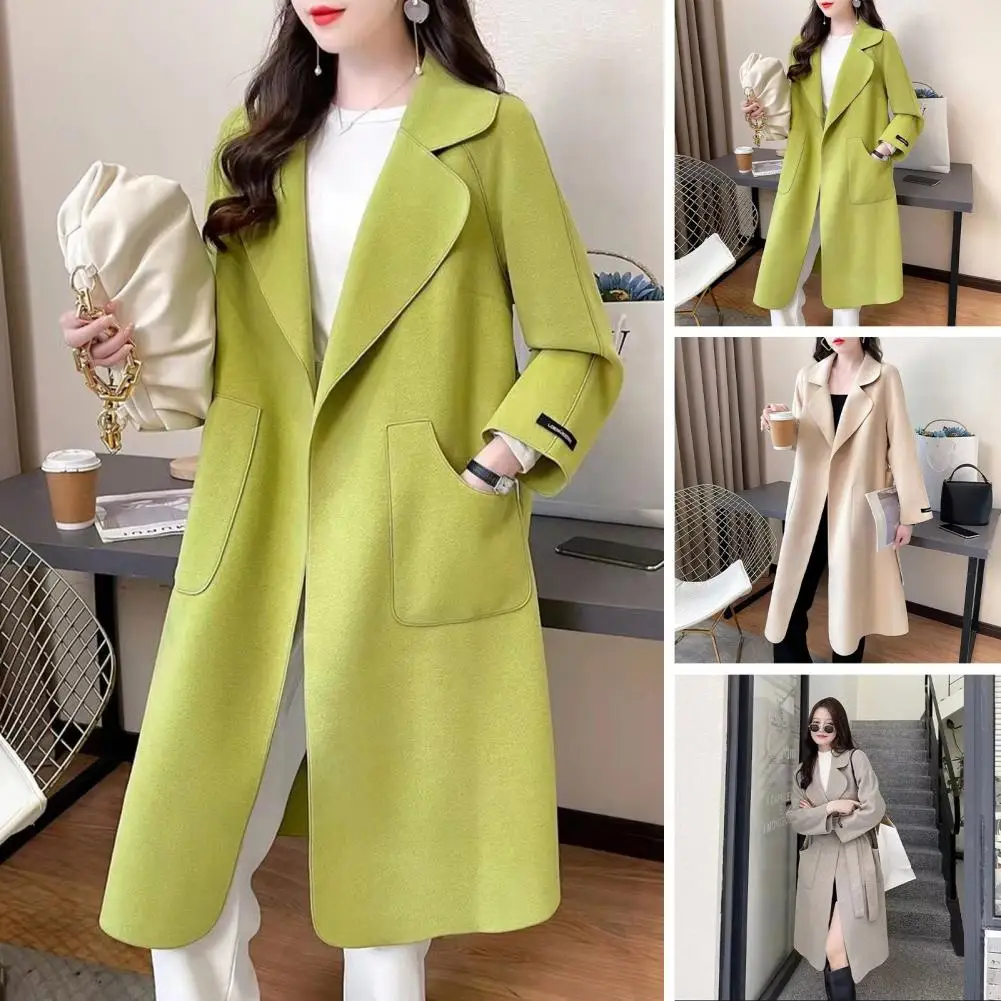 

Women Solid Color Jacket Stylish Mid-length Women's Overcoat with Turn-down Collar Open Stitch Pockets Soft Warm Thick for Fall