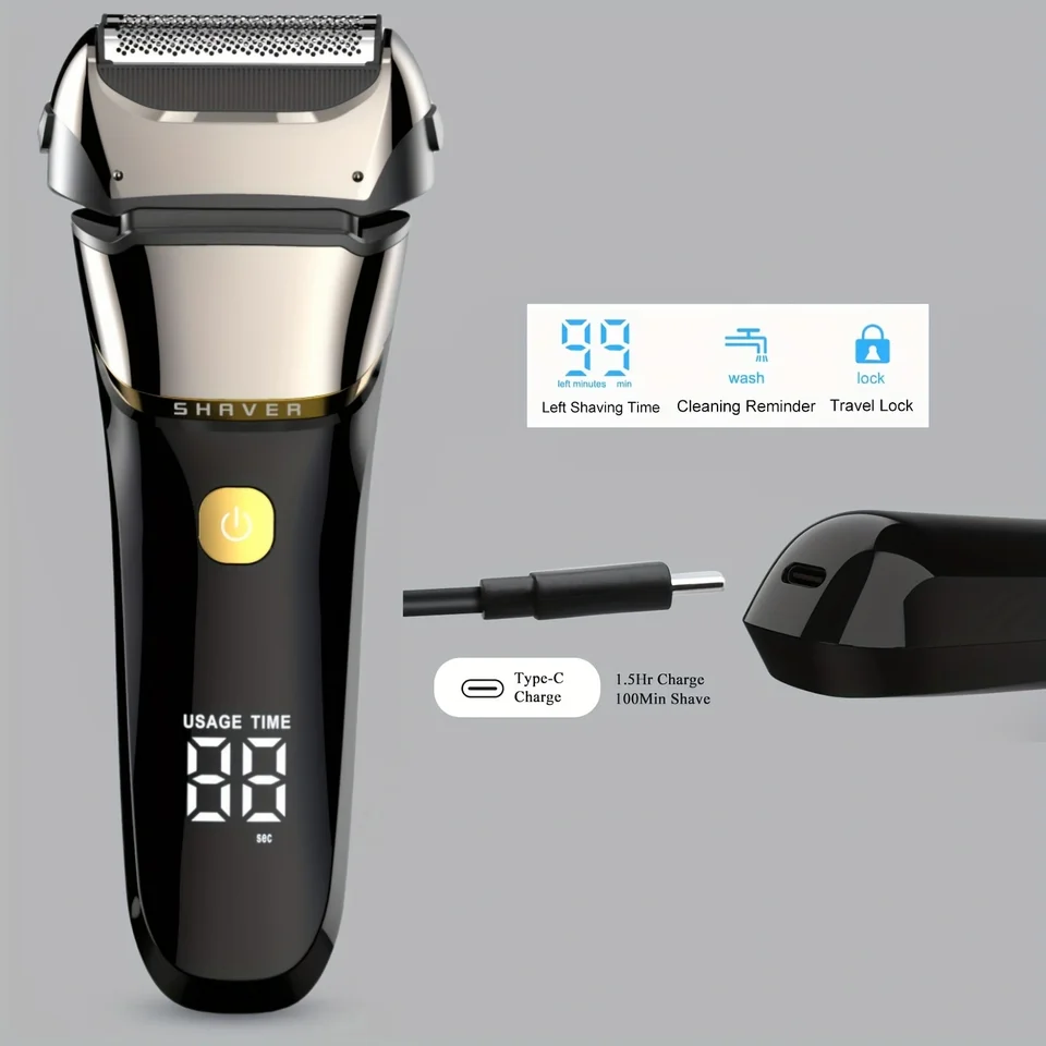Elektrisch scheerapparaat voor mannen, draadloos, oplaadbaar, waterdicht, met foliescheermes en LED-display voor het trimmen van de baard._voghion.com