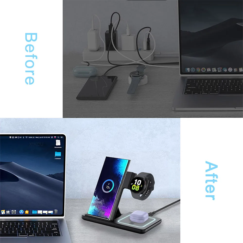 LED Wireless Charger Foldable Phone Stand For Samsung S25 S24 S23 Galaxy Watch 2-8 Active 2 Buds Pro Fast Charging Station