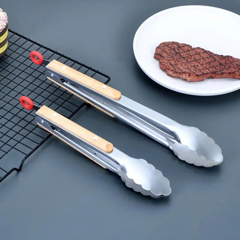 Stainless Steel Kitchen Tongs Locking Food Clips With Ergonomic Wooden Handle Kitchen Food Tongs For Cooking Grilling Barbecue