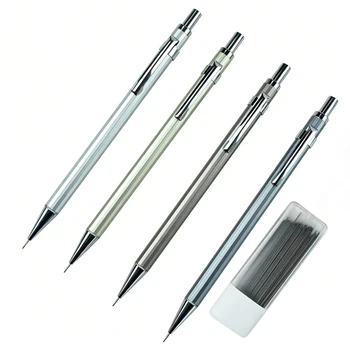 Set di 4 Matite Meccaniche in Metallo con 1 Scatola di Ricariche da 0,5mm, Punta Fine per Disegno, Scrittura, Scuola, Ufficio, Cancelleria