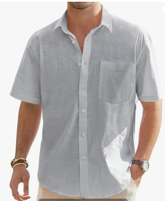 Men Summer European American Fashion Classic Comfortable Breathable Cotton Hemp Solid Color Short Sleeved Shirt