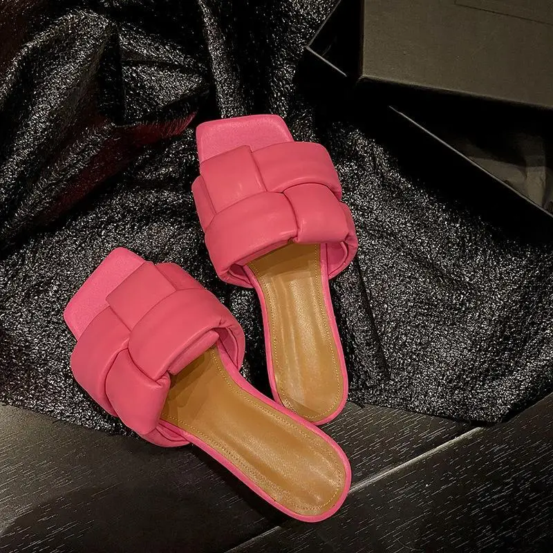 French square toe woven sheepskin slippers with flat bottoms and mesh red slippers for women's summer new external wear sandals