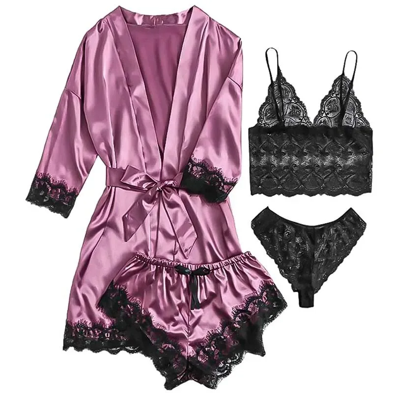 Women Pajamas Set Fashion Print Lace Trim Faux Silk Satin Gown Skin Friendly Comfort Loungewear