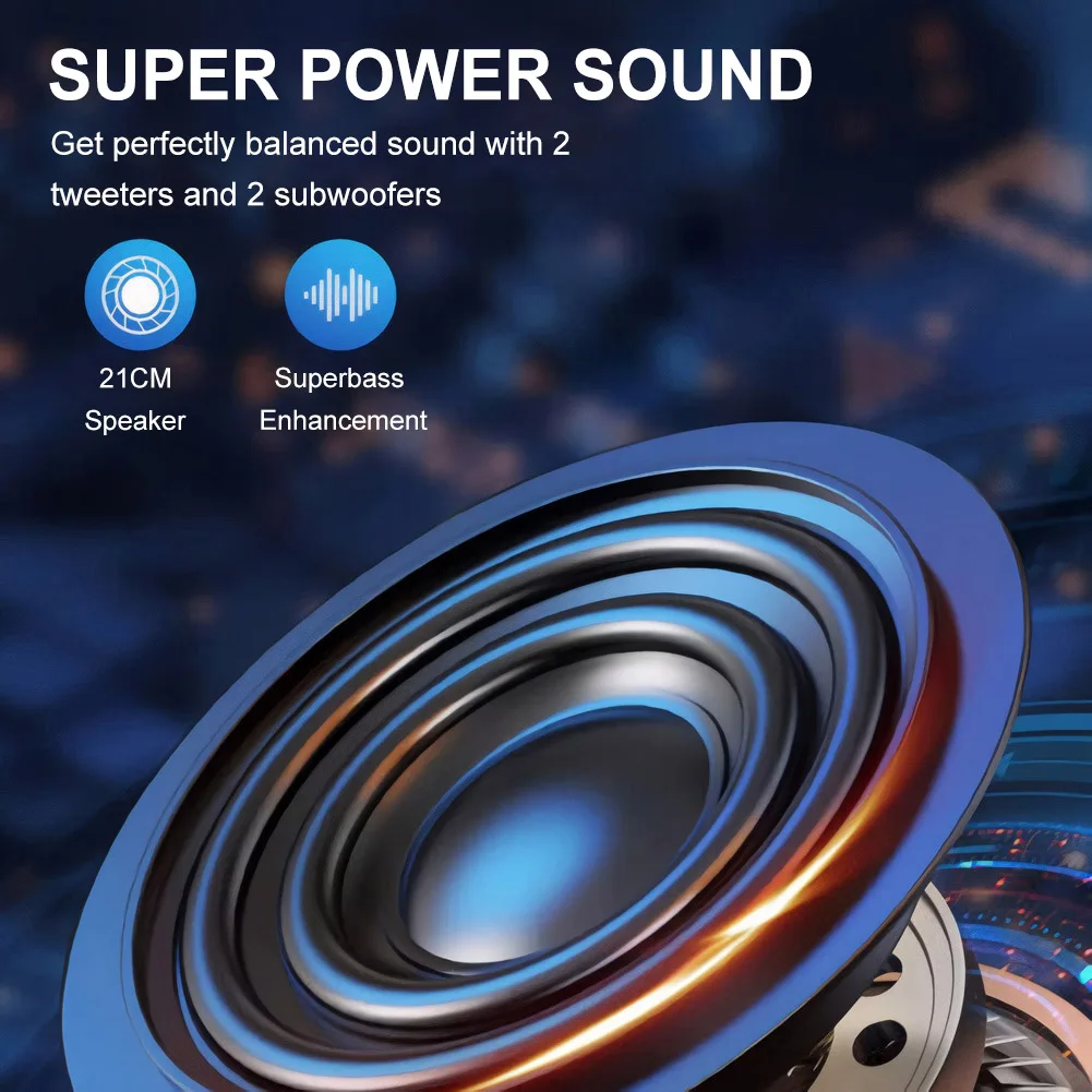 Portable Bluetooth Speaker USB/TF/AUX/FM/BT/MIC Loud Boombox Long Playtime Microphone In, Party Lights, USB, Radio, Remote