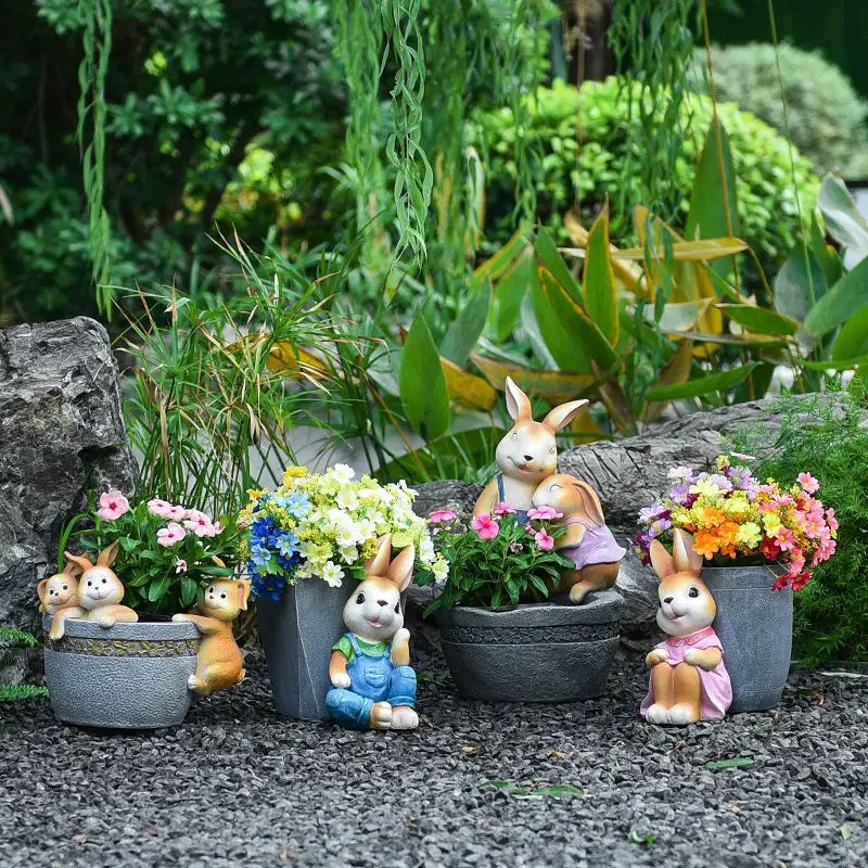 

Simulation Cartoon Rabbit Flowerpot Resin Decoration Courtyard Garden Layout Figurines Crafts Outdoor Balcony Landscape Artwork