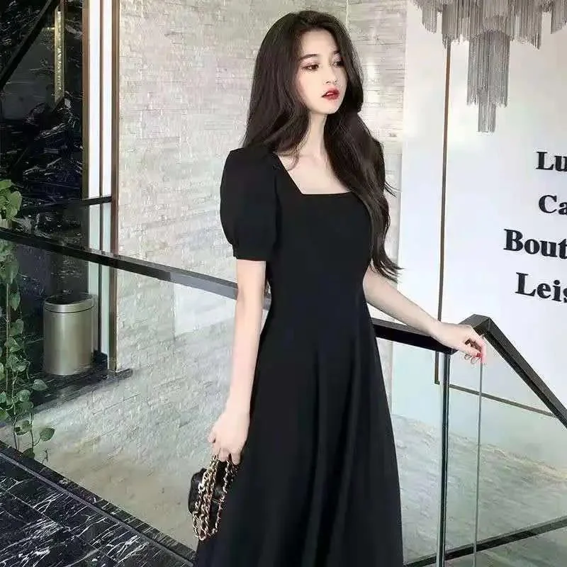 Women Plus Size Dress Puff Sleeve Square Collar White Hepburn Light Mature Slim Temperament Long Ankle-Length A-LINE Summer 2023